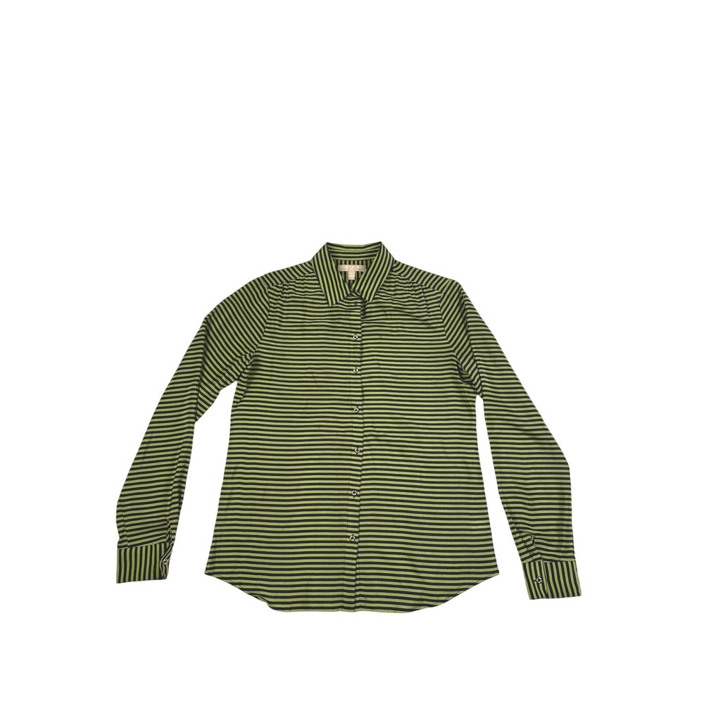 Banana Republic Silk Blouse Womensโ Small Lime Navy Blue Striped Button Down